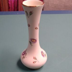 Vintage Holley Ross Wild Rose Floral White Vase with Gold Trim Accents